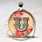 Floral Initial Necklace,glass Art Pendant Picture..