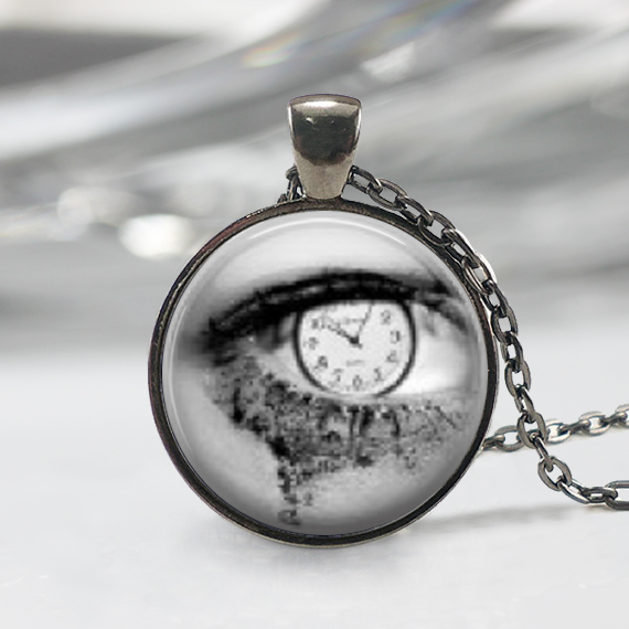 Clock Necklace Pendant, Eye Clock Pendant, Black Charm, Art Pendant