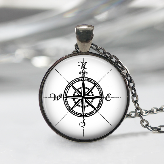 Compass Glass Pendant, Black Charm, Art Pendant,photo Compass Pendant,jewelry Compass