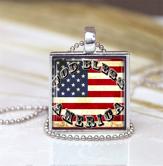 God Bless America Flag Glass Pendant, Flag Necklace, Flag Charm, Patriotic Necklace Red White And Blue Jewelry, Star Pendant