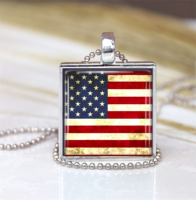 America Flag Glass Pendant, Flag Necklace, Flag Charm, Patriotic Necklace Red White And Blue Jewelry, Star Pendant